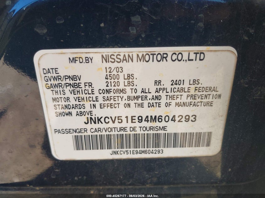 2004 Infiniti G35 VIN: JNKCV51E94M604293 Lot: 45267177