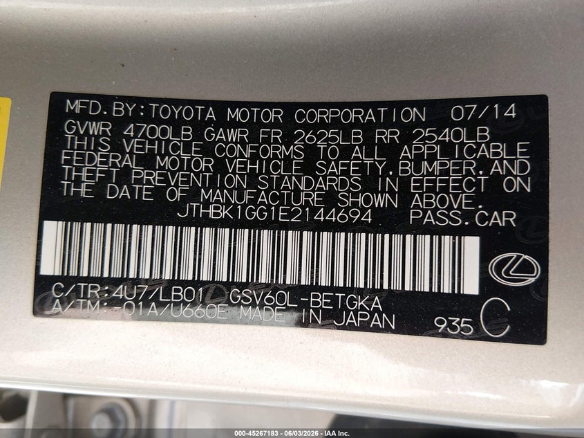 2014 Lexus Es 350 VIN: JTHBK1GG1E2144694 Lot: 45267183