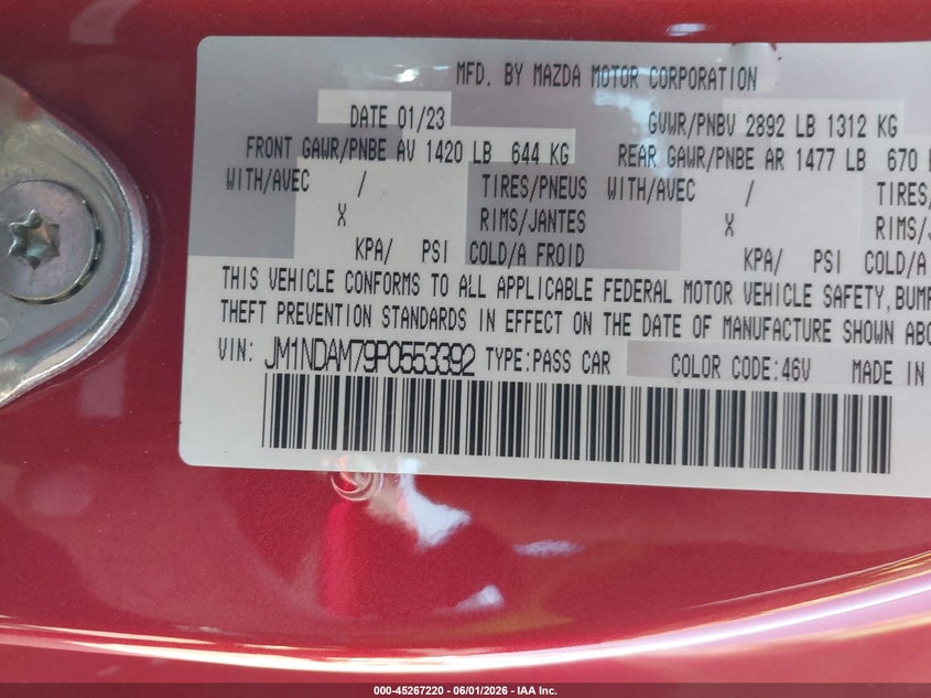 2023 Mazda Mx-5 Miata Rf Grand Touring VIN: JM1NDAM79P0553392 Lot: 45267220