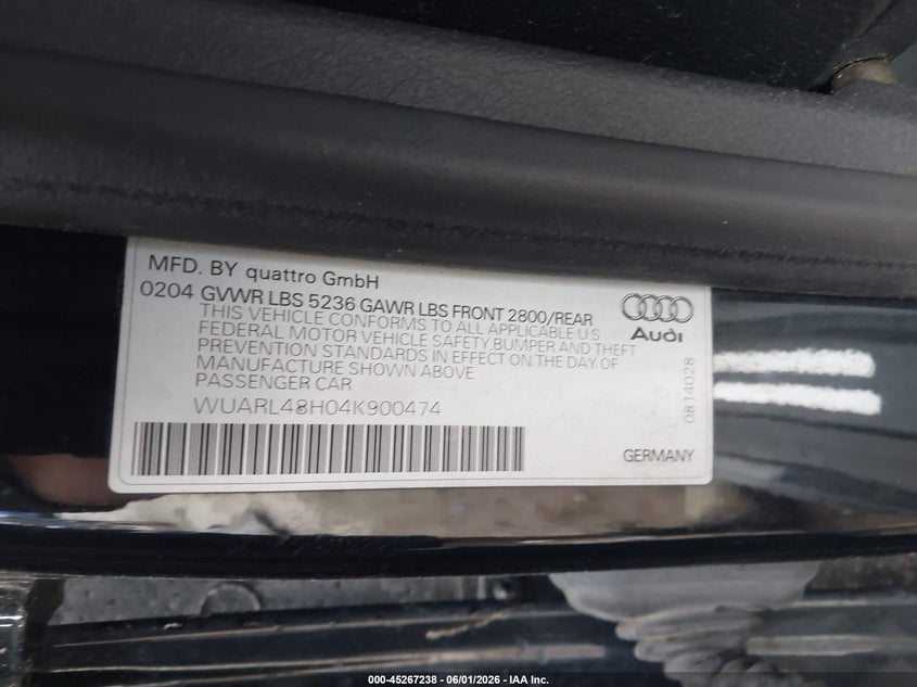 2004 Audi S4 VIN: WUARL48H04K900474 Lot: 45267238
