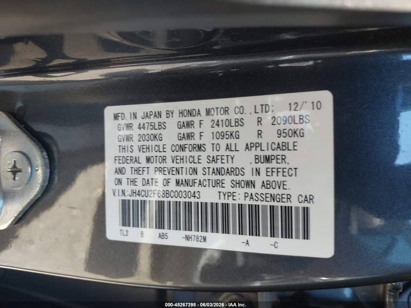 2011 ACURA TSX SEDAN 2.4L I-4 DOHC, VVT, 201HP