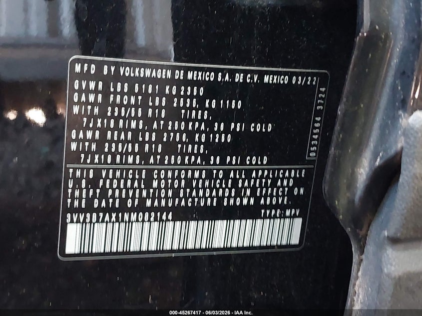 2022 Volkswagen Tiguan 2.0T Se VIN: 3VV3B7AX1NM082144 Lot: 45267417