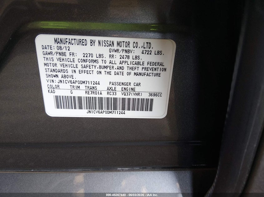 2013 Infiniti G37 Journey VIN: JN1CV6AP0DM711244 Lot: 45267440