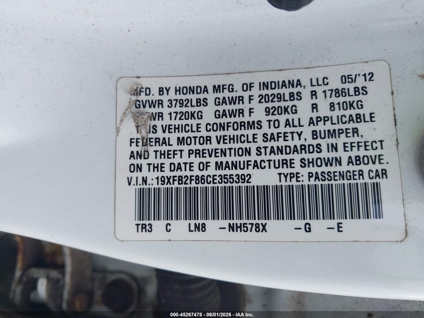 19XFB2F86CE355392 2012 Honda Civic 1.8 Ex white