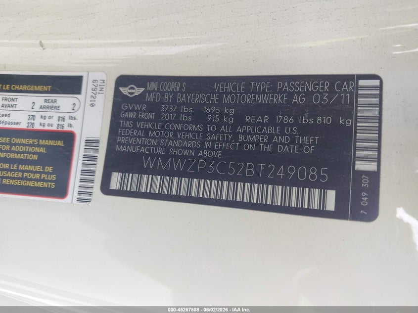 2011 Mini Cooper S VIN: WMWZP3C52BT249085 Lot: 45267508