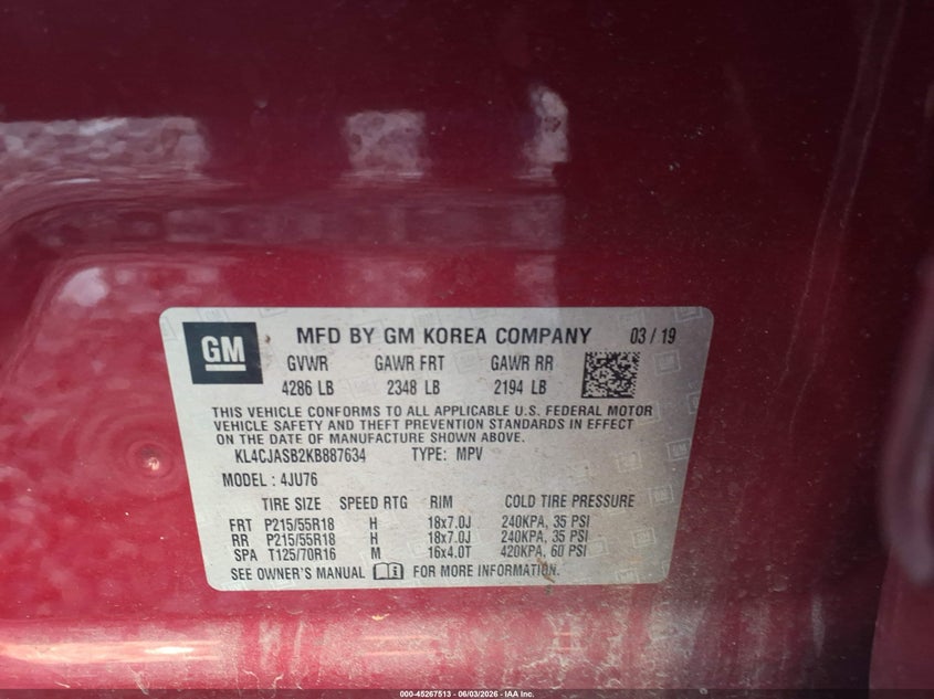 2019 Buick Encore Fwd Preferred VIN: KL4CJASB2KB887634 Lot: 45267513