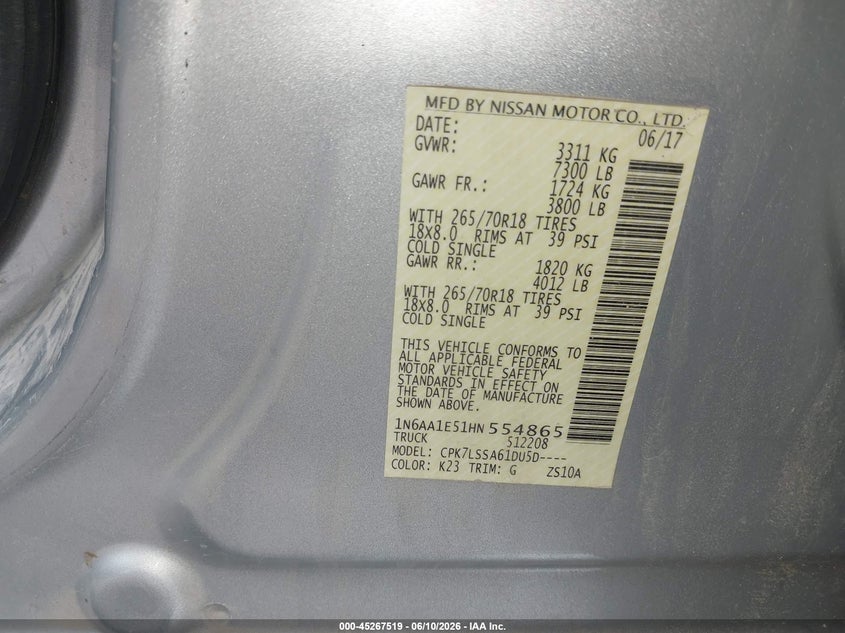 2017 Nissan Titan Sv VIN: 1N6AA1E51HN554865 Lot: 45267519