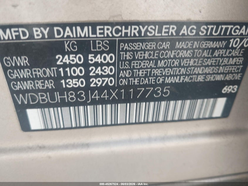 2004 Mercedes-Benz E 500 4Matic VIN: WDBUH83J44X117735 Lot: 45267524