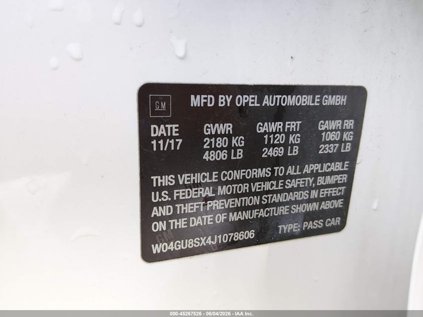 2018 Buick Regal Tourx Preferred VIN: W04GU8SX4J1078606 Lot: 45267526