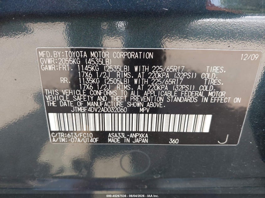 2010 Toyota Rav4 VIN: JTMBF4DV2AD032060 Lot: 45267536