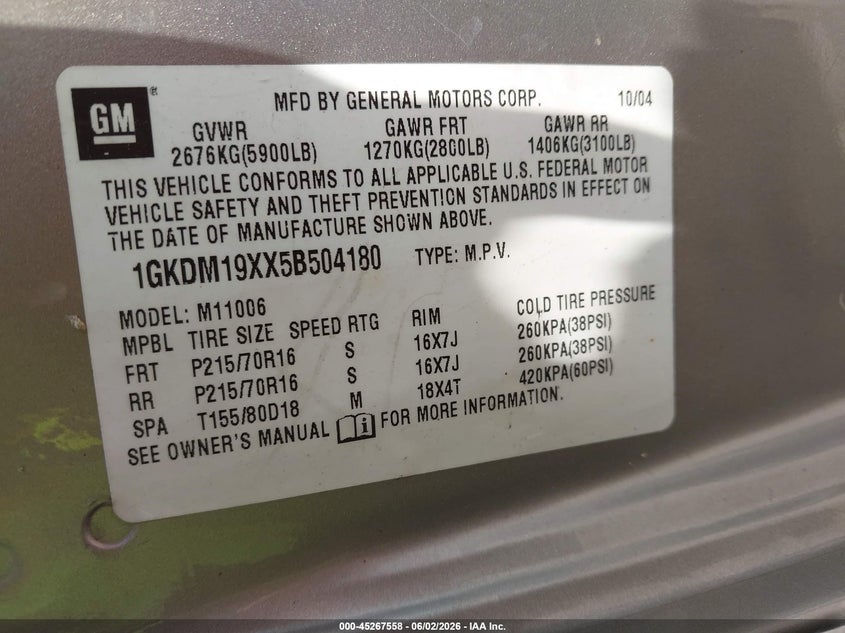 2005 GMC Safari VIN: 1GKDM19XX5B504180 Lot: 45267558