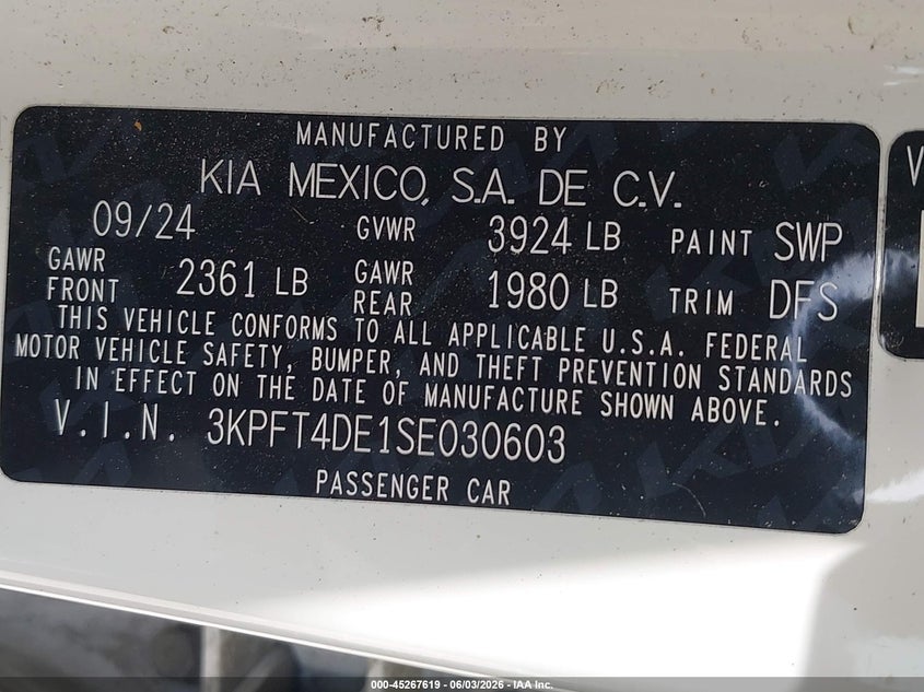 2025 Kia K4 Lxs VIN: 3KPFT4DE1SE030603 Lot: 45267619