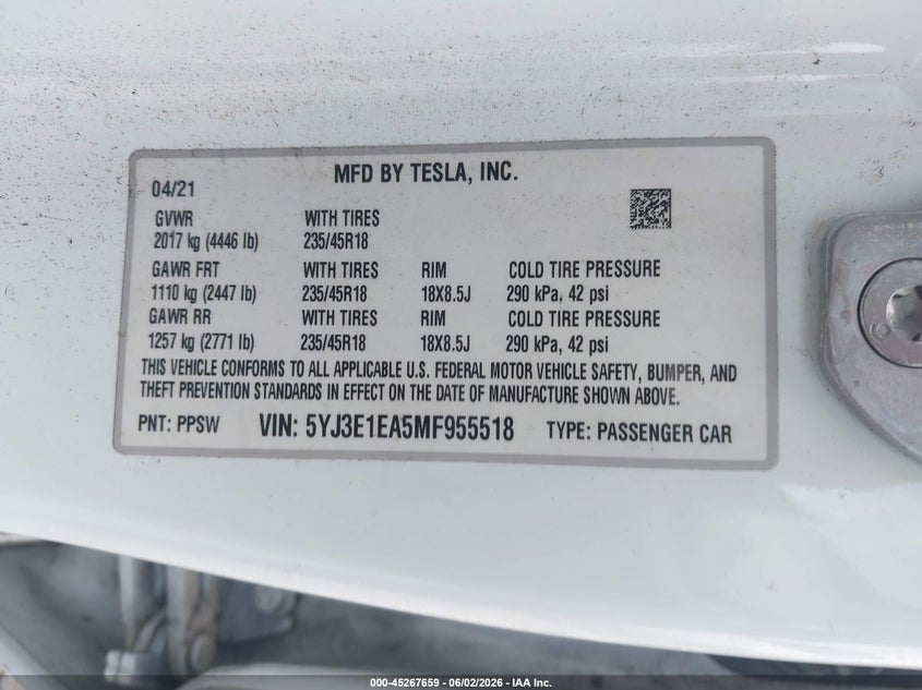 TESLA MODEL 3 2021 VIN 5YJ3E1EA5MF955518