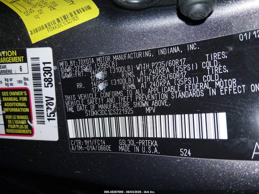 2012 Toyota Sienna Le V6 8 Passenger VIN: 5TDKK3DC1CS221925 Lot: 45267690