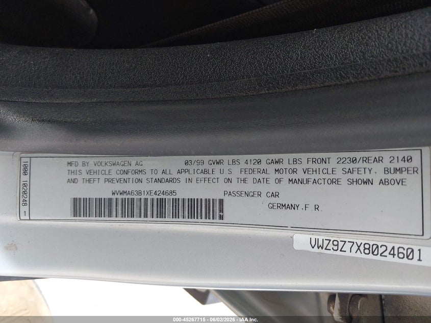 1999 Volkswagen Passat Gls VIN: WVWMA63B1XE424685 Lot: 45267715