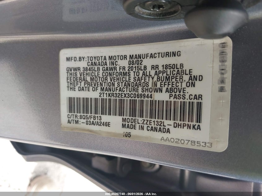 2003 Toyota Matrix Xr VIN: 2T1KR32EX3C069944 Lot: 45267748