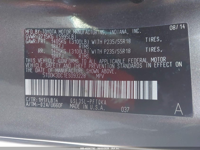 2014 Toyota Sienna Xle 7 Passenger VIN: 5TDDK3DC1ES093228 Lot: 45267792