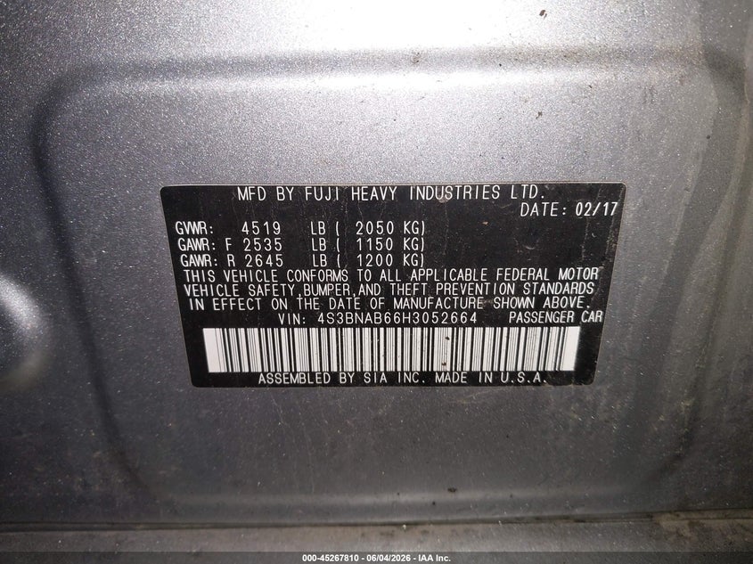 2017 Subaru Legacy 2.5I VIN: 4S3BNAB66H3052664 Lot: 45267810