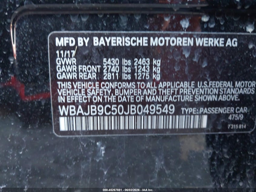 2018 BMW M550I xDrive VIN: WBAJB9C50JB049549 Lot: 45267881