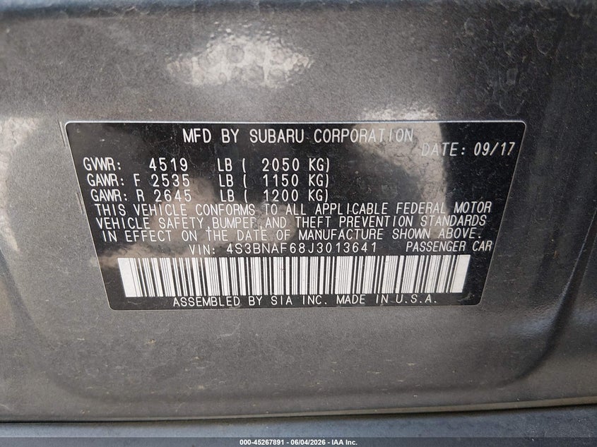2018 Subaru Legacy 2.5I Premium VIN: 4S3BNAF68J3013641 Lot: 45267891