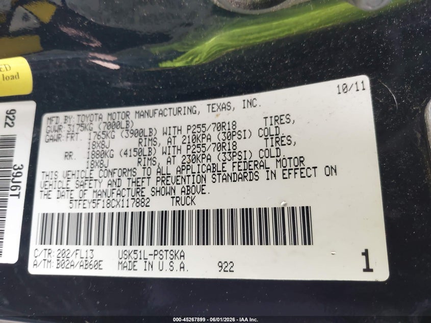2012 Toyota Tundra Grade 5.7L V8 VIN: 5TFEY5F18CX117882 Lot: 45267899
