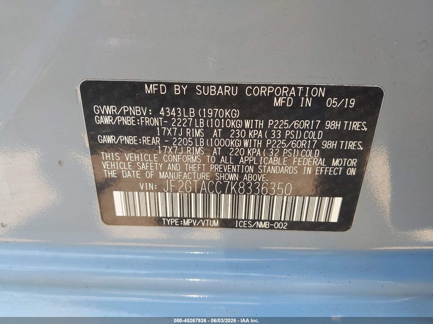 2019 Subaru Crosstrek 2.0I Premium VIN: JF2GTACC7K8336350 Lot: 45267936