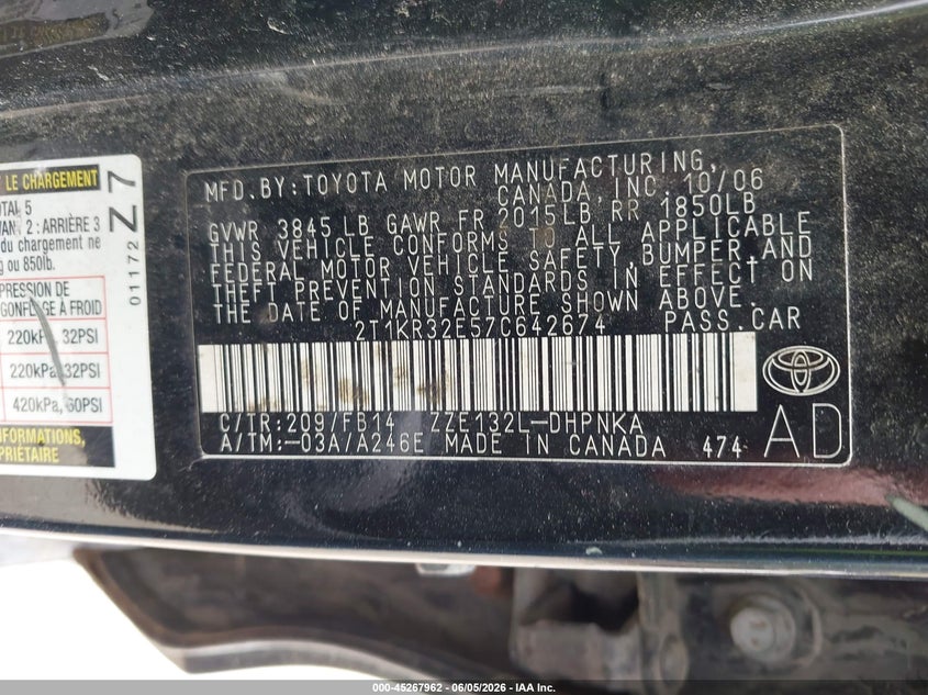 2007 Toyota Matrix Xr VIN: 2T1KR32E57C642674 Lot: 45267962