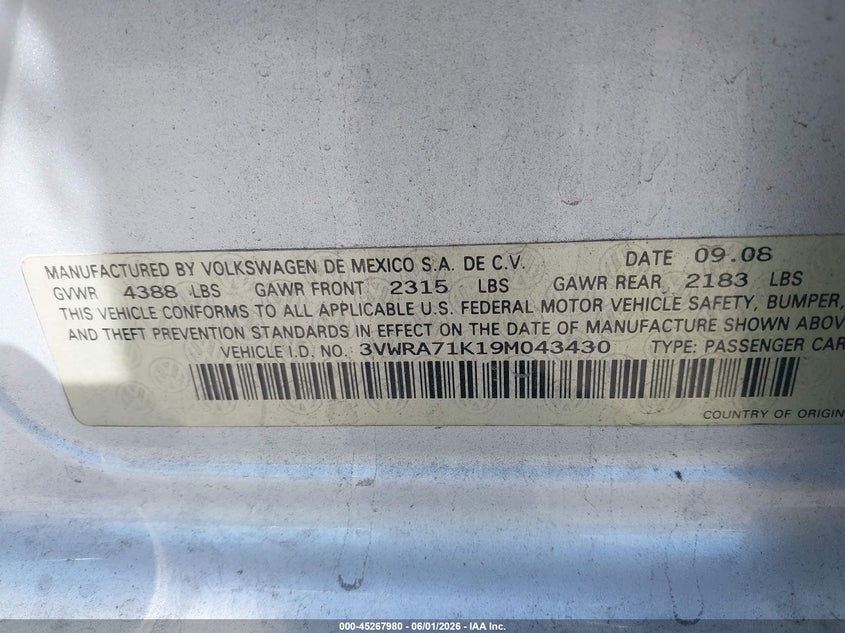 2009 Volkswagen Jetta Wolfsburg Edition VIN: 3VWRA71K19M043430 Lot: 45267980