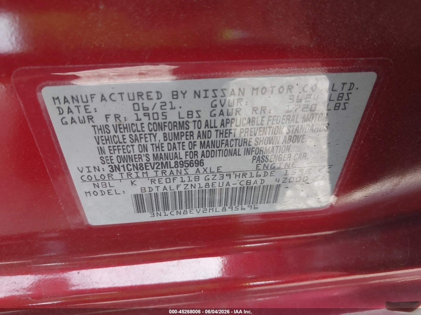 2021 Nissan Versa Sv Xtronic Cvt VIN: 3N1CN8EV2ML895696 Lot: 45268006