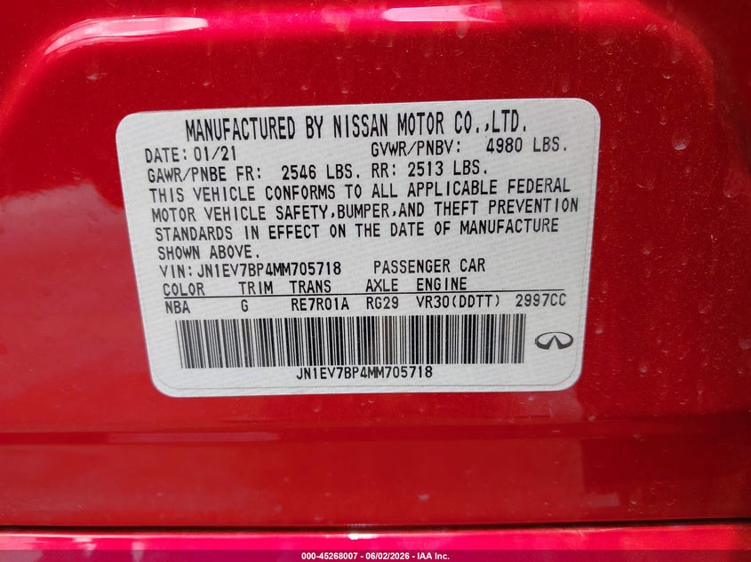 2021 Infiniti Q50 Luxe VIN: JN1EV7BP4MM705718 Lot: 45268007