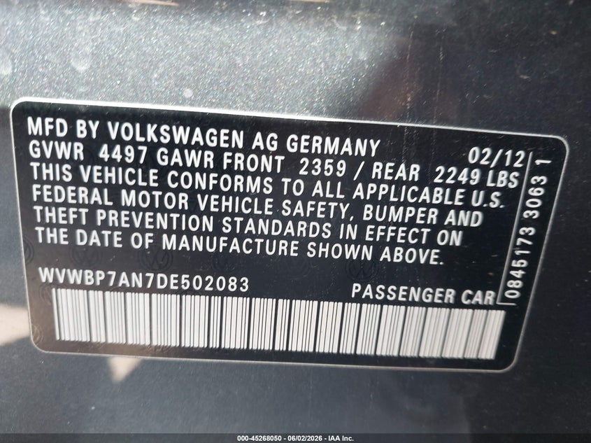 2013 Volkswagen Cc 2.0T Sport Plus VIN: WVWBP7AN7DE502083 Lot: 45268050