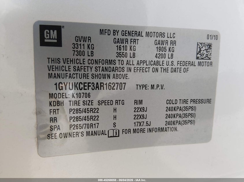 2010 Cadillac Escalade Premium VIN: 1GYUKCEF3AR162707 Lot: 45268058