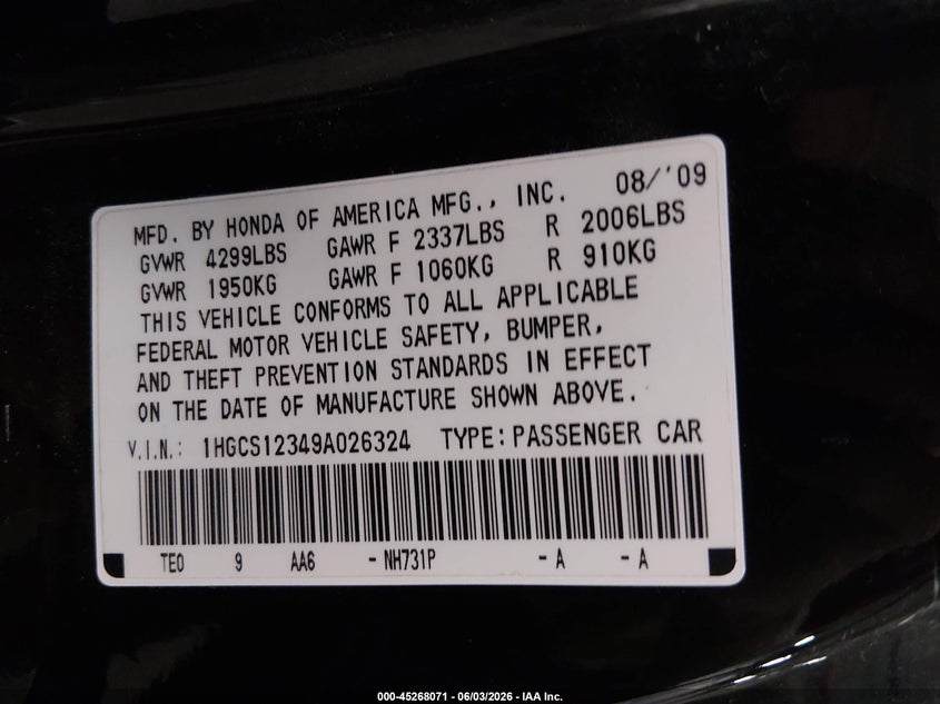2009 Honda Accord 2.4 Lx-S VIN: 1HGCS12349A026324 Lot: 45268071
