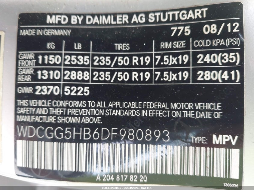 2013 Mercedes-Benz Glk 350 VIN: WDCGG5HB6DF980893 Lot: 45268095