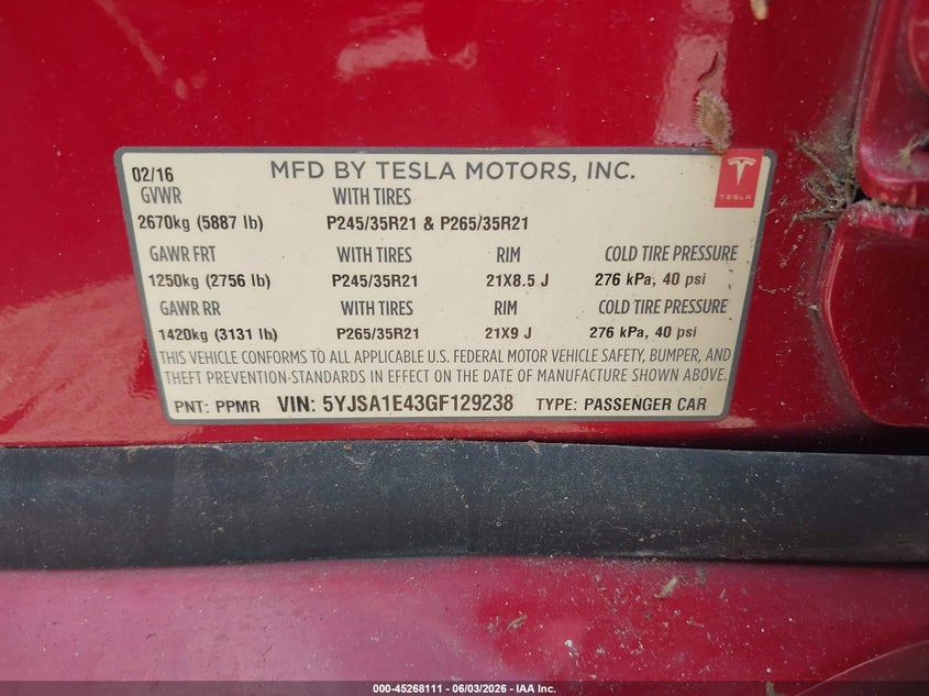 2016 Tesla Model S 90D/P100D/P85D/P90D VIN: 5YJSA1E43GF129238 Lot: 45268111