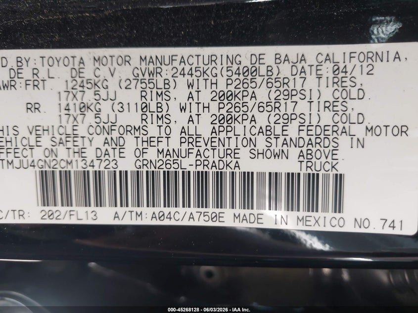 2012 Toyota Tacoma Prerunner V6 VIN: 3TMJU4GN2CM134723 Lot: 45268128