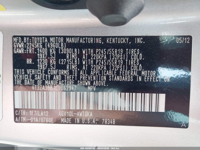 2012 Toyota Venza Xle VIN: 4T3ZA3BB1CU062947 Lot: 45268182