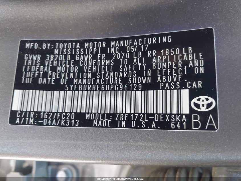 2017 TOYOTA COROLLA SEDAN 1.8L I-4 DOHC, VVT, 132HP