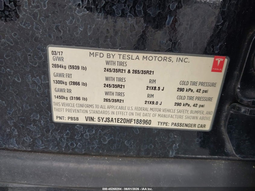 2017 Tesla Model S 100D/60D/75D/90D/P100D VIN: 5YJSA1E20HF188960 Lot: 45268204