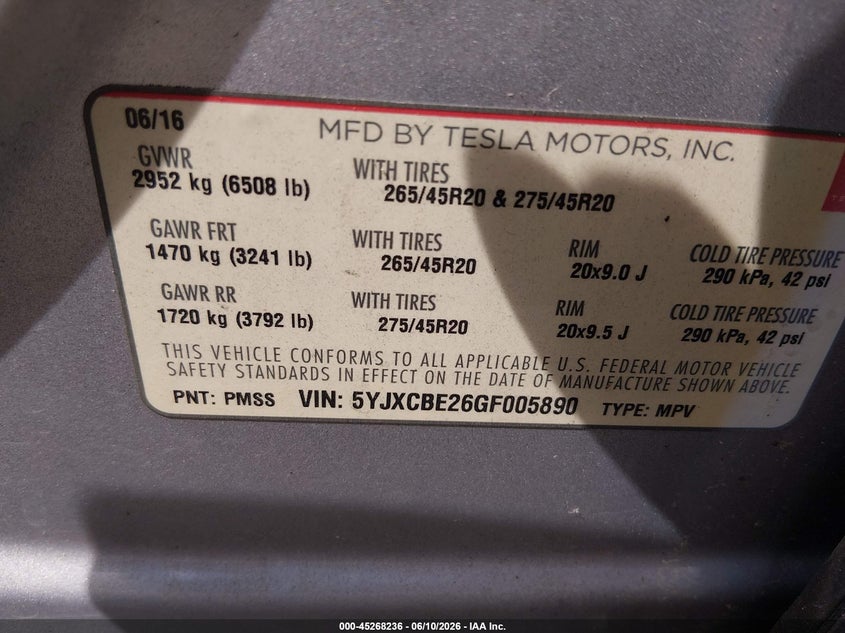 2016 Tesla Model X VIN: 5YJXCBE26GF005890 Lot: 45268236