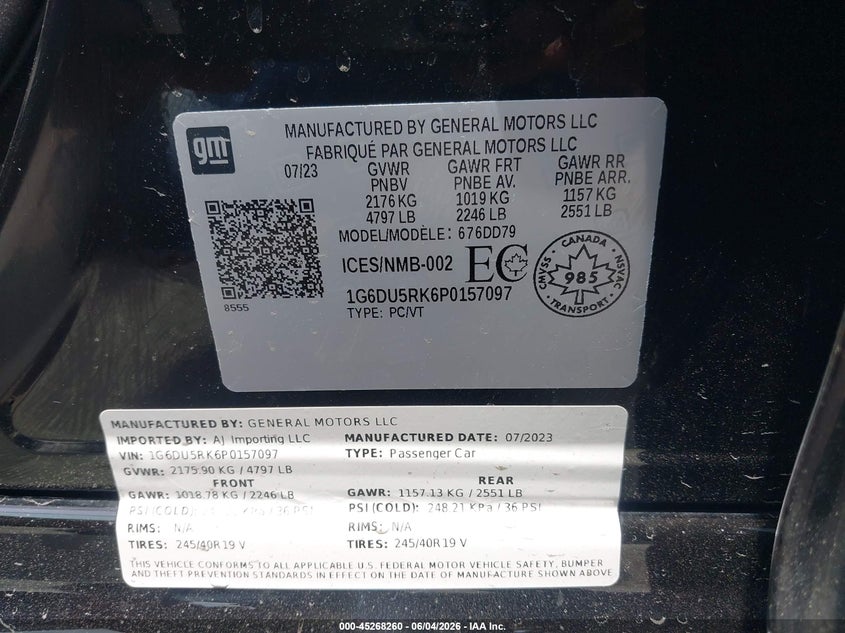 2023 Cadillac Ct5 Sport VIN: 1G6DU5RK6P0157097 Lot: 45268260
