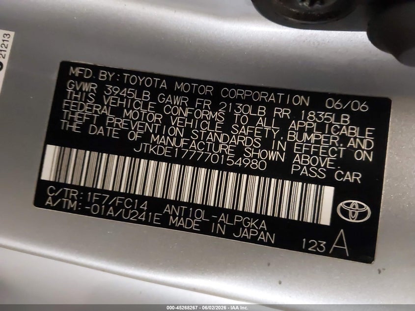 2007 Scion Tc VIN: JTKDE177770154980 Lot: 45268267