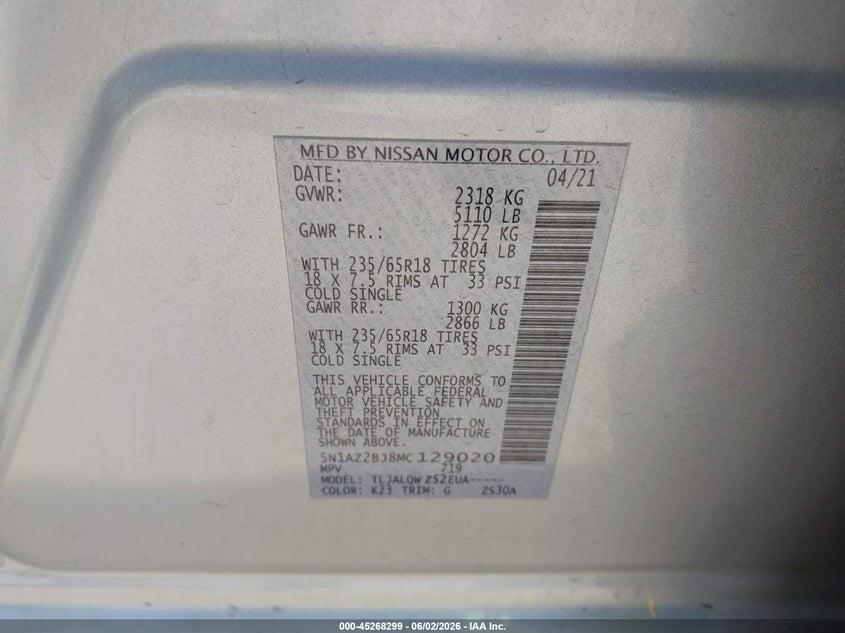 2021 Nissan Murano Sv Fwd VIN: 5N1AZ2BJ8MC129020 Lot: 45268299