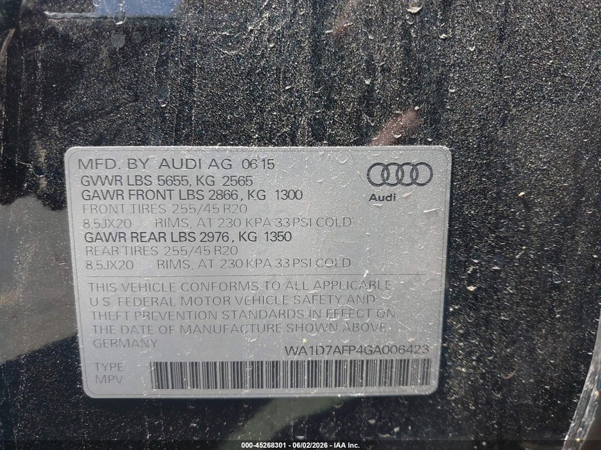 2016 Audi Q5 3.0T Premium Plus VIN: WA1D7AFP4GA006423 Lot: 45268301