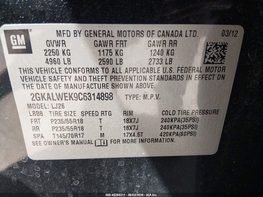 2012 Gmc Terrain 2.4 Slt-2 black Lot 111045268311 Vin 2GKALWEK9C6314898