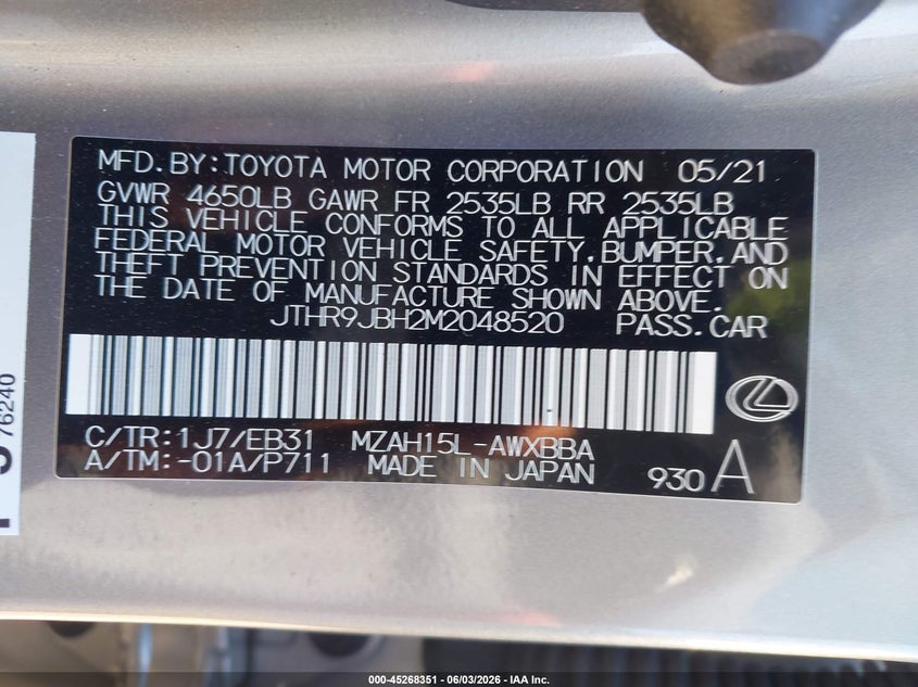 2021 Lexus Ux 250H F Sport VIN: JTHR9JBH2M2048520 Lot: 45268351