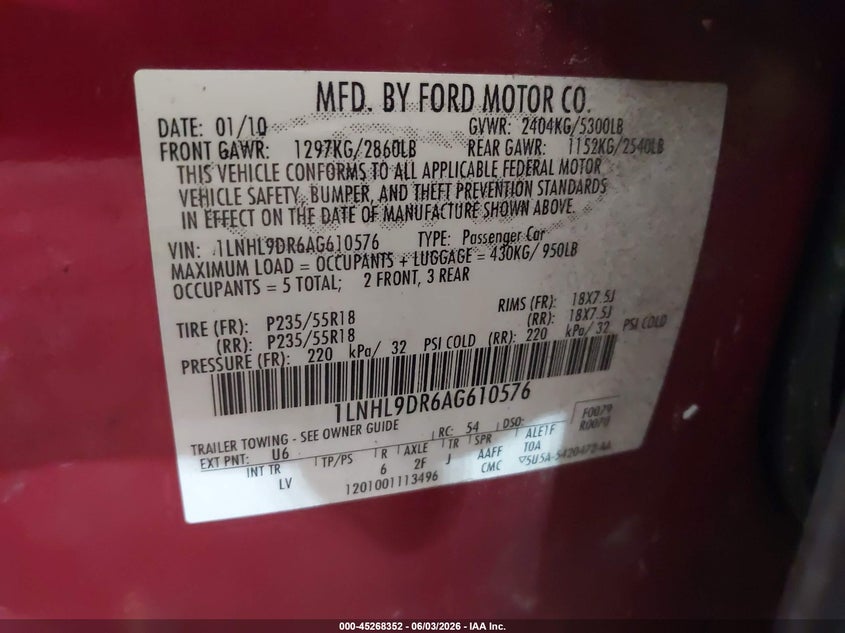 2010 Lincoln Mks VIN: 1LNHL9DR6AG610576 Lot: 45268352