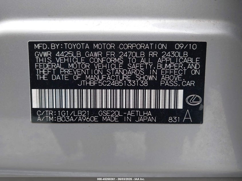 2011 Lexus Is 250 VIN: JTHBF5C24B5133138 Lot: 45268361