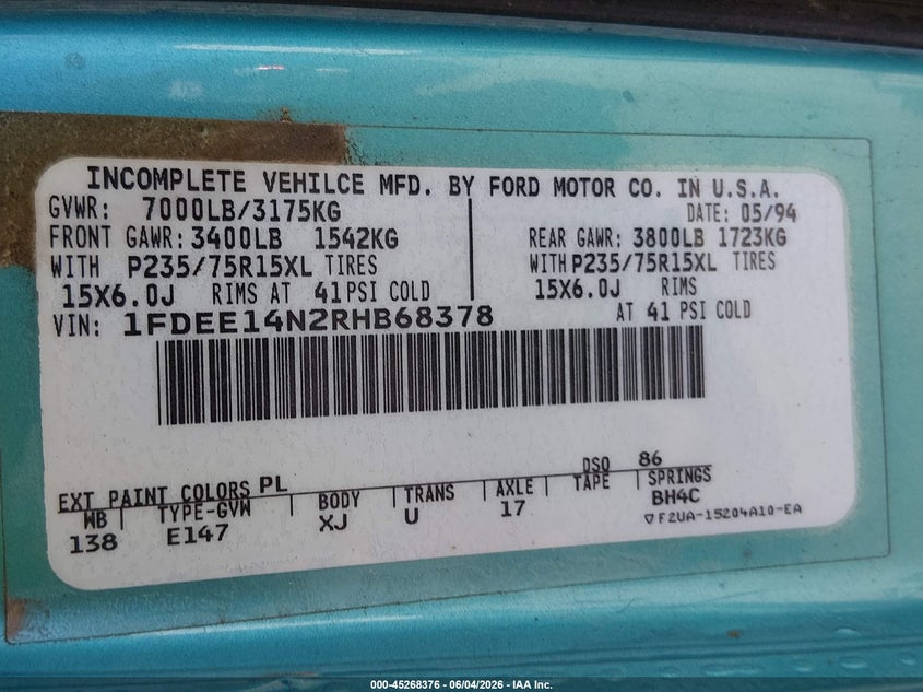 1994 Ford Econoline E150 Van VIN: 1FDEE14N2RHB68378 Lot: 45268376