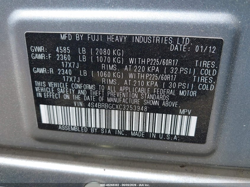 2012 Subaru Outback 2.5 2.5I Premium silver Lot 111045268382 Vin 4S4BRBGCXC3253948